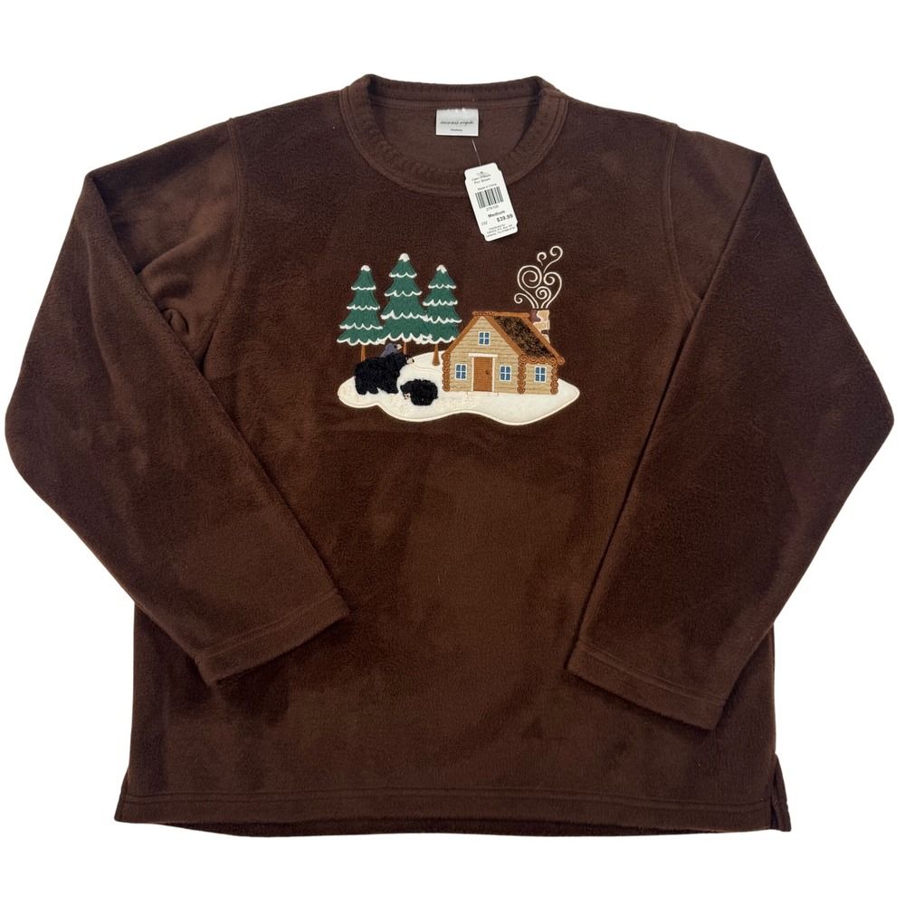 Decorated Originals Brown Fleece Cabin Bear Embroidered Sweatshirt Medium NWT